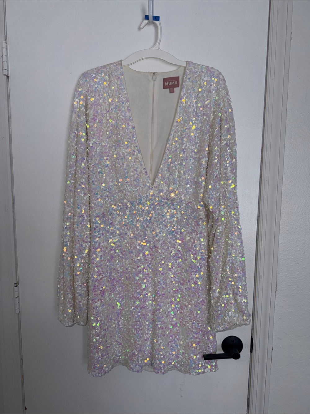 Show Me Your MuMu Iridescent Sequin Long-Sleeve Mini Dress - White